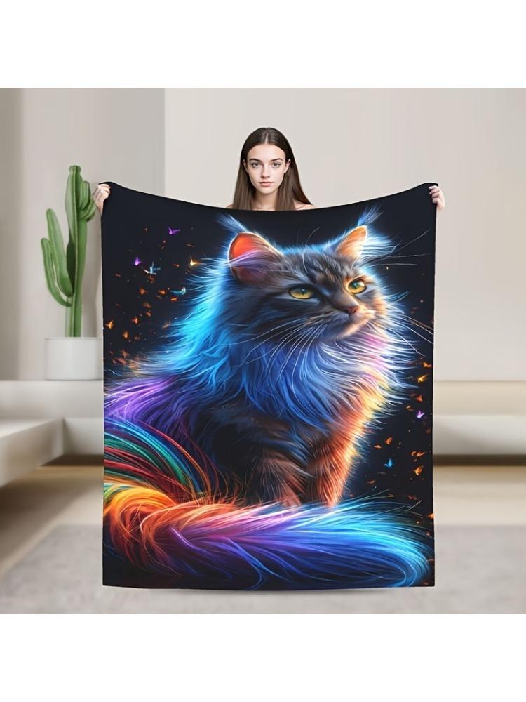 Vintage Fantasy Cat Print Flannel Blanket All-Season Knitted Polyester Shawl for BedroomDorm,CarOutdoor SofaTravelOfficeCamping