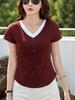 2026 Summer Women's Stylish V-neck Color Block Slim Fit Short-Sleeve Fake Two-Piece Top