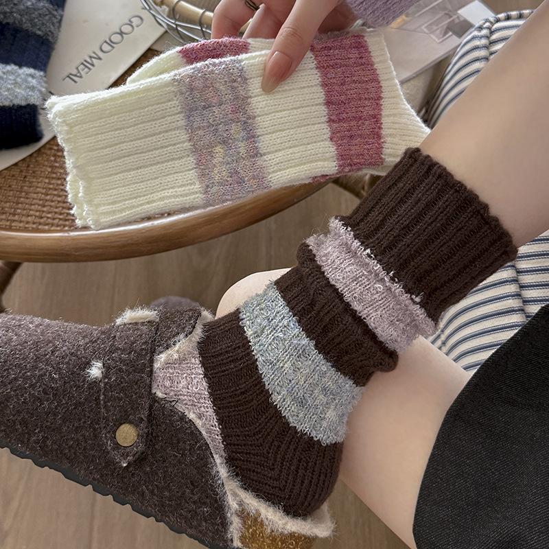 Contrasting Wool Socks Children'S Stacking Socks Seasonal Fleece Thickened Warm Color Matching Flocking Striped Cashmere Medium Tube Socks