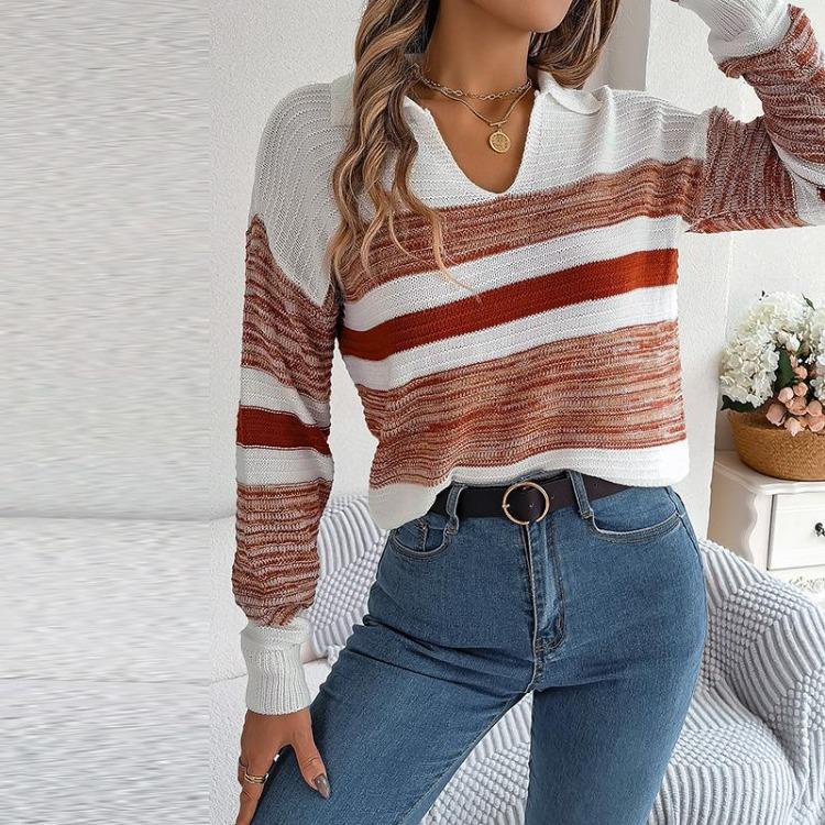 Women Casual Knit Pullover Sweater Polo Collar Long Sleeve Contrast Stripe Autumn Winter