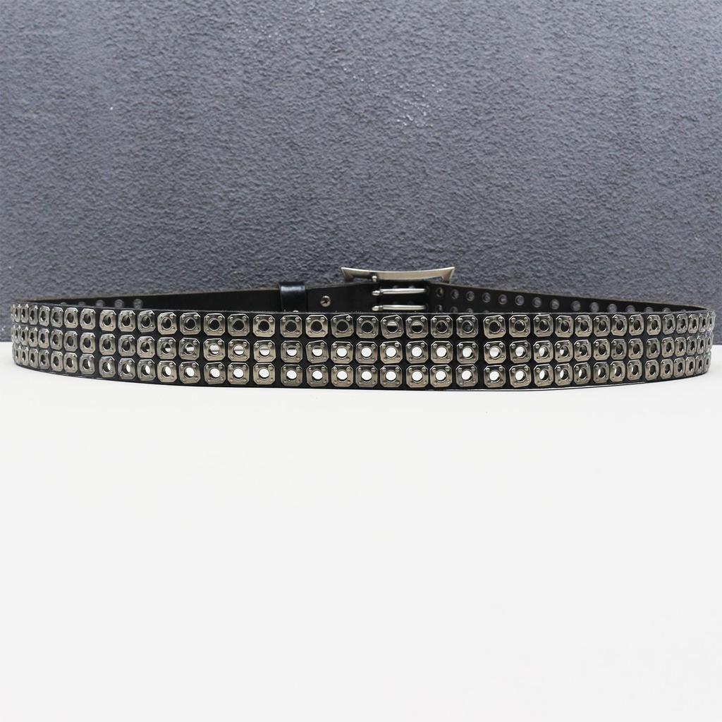Original American Heavy Duty Leather Belt with Punk Eyelets and Rivets, Three-Pin Buckle, Unisex Cowhide Design
