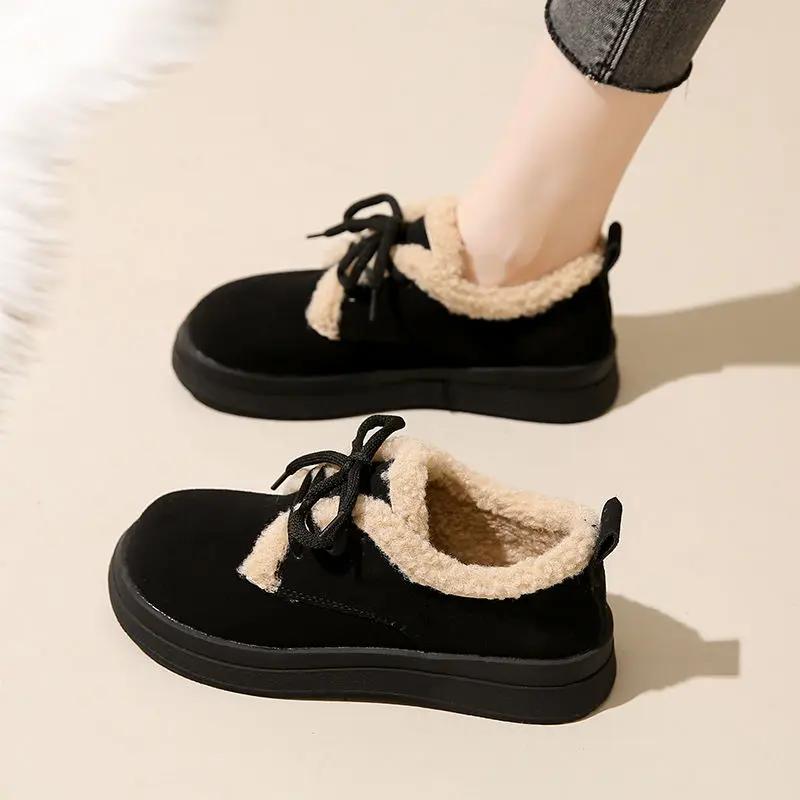 Fashion Ladies Snow Boots with Laces Black Suede Round Toe Elegant Low Heels Female Shoes Lace-up Y2k Lamb Winter Waterproof Non Slip 39