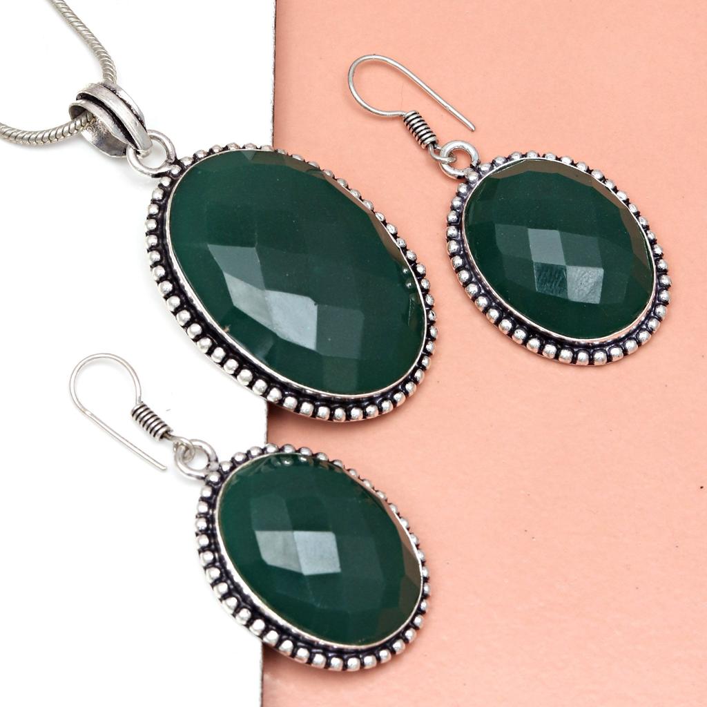 Onyx Green Pendant Set Earrings Jewelry Gemstone Handmade Ethnic