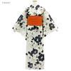 Kyoto Kimono Yuzen Yukata and Obi Set in with Monochrome Camellia and Floral Retro Style (2 Pieces) Off-White Prints,