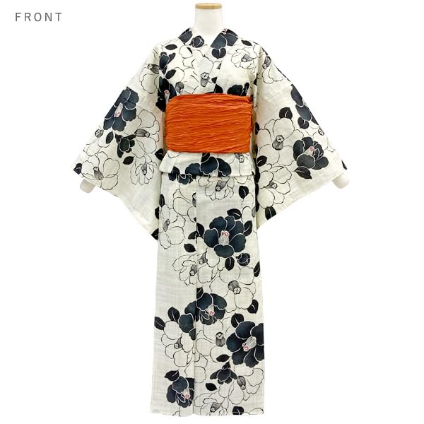 Kyoto Kimono Yuzen Yukata and Obi Set in with Monochrome Camellia and Floral Retro Style (2 Pieces) Off-White Prints,