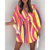 Vestito Corto da Donna con Stampa Foglie Tropicali Maniche Corte a Pipistrello Scollo a V Vita con Coulisse Casual da Vacanza Mini Abito