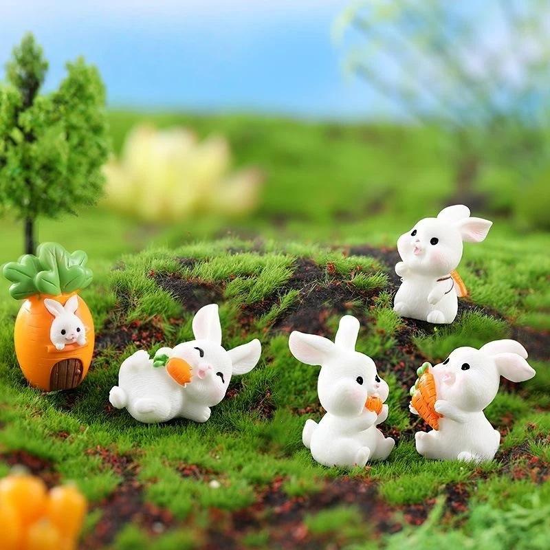 5Pcs Mini Rabbit Resin Figurine Cute Cartoon Animal Statue Tiny Landscape Ornament For Micro Garden Easter Decoration