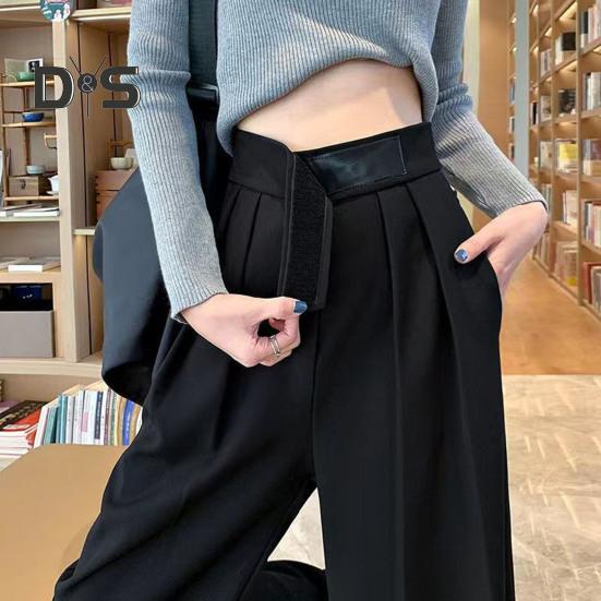 Women Suit Pants Straight Wide Leg Loose High Waist Solid Color Formal OL Commute Full Length Fasten Tape Adjustable Waist Lady Formal Trousers