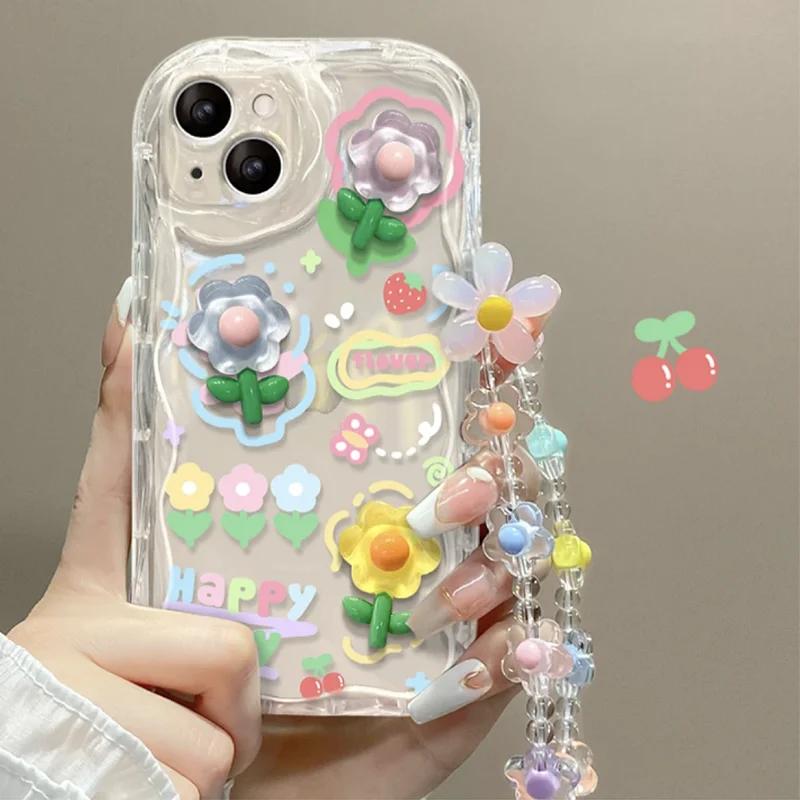 Korean Flower Chain Lanyard Phone Case For Motorola Edge 50 Fusion Pro Ultra G84 G52 G60 G54G14 G53 G22 G35 G05 G34 G75 G15 G30