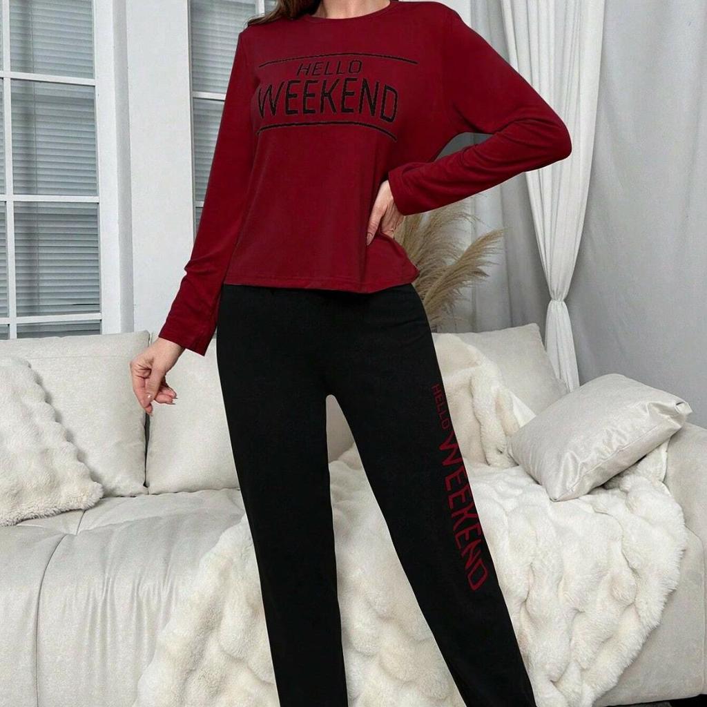 Women's Autumn European & American Home Wear Pajama Set: Long-Sleeve Letter Top & Long Pants Casual Two-Piece