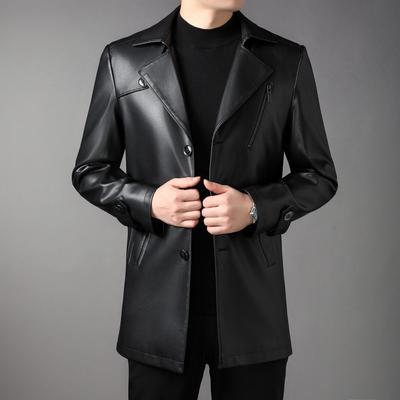 Mid Length Plush Leather Jacket for Men's Autumn and Winter Classic Fashion Single Breasted Suit Collar for Middle-aged Men's Leather Jacket