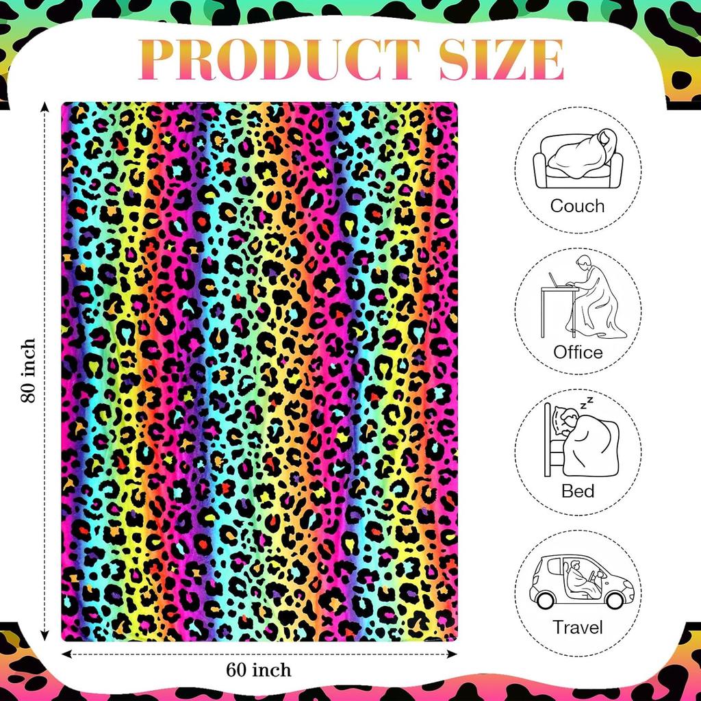 Colorful Rainbow Leopard Print Flannel Throw Blanket Soft Cozy Warm Blanket for Bed Couch Sofa All Season Home Decor