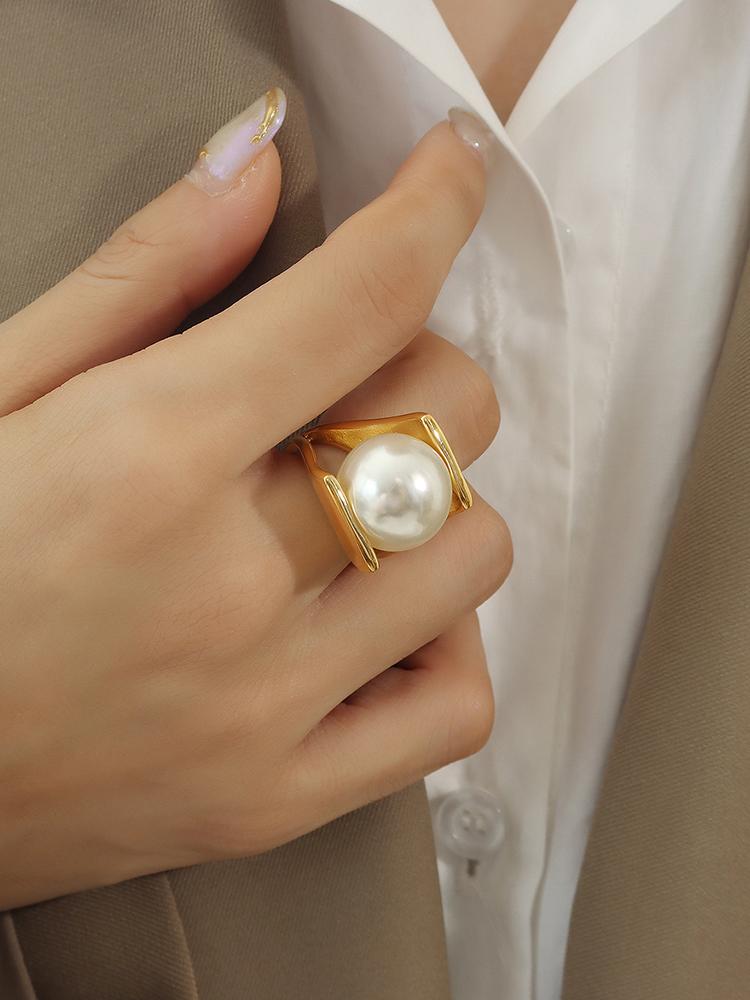 316L Stainless Steel Rings With Big Imitation Pearl For Women 18k Gold Plated Waterproof No Tarnish Vintage Women's Wedding Ring