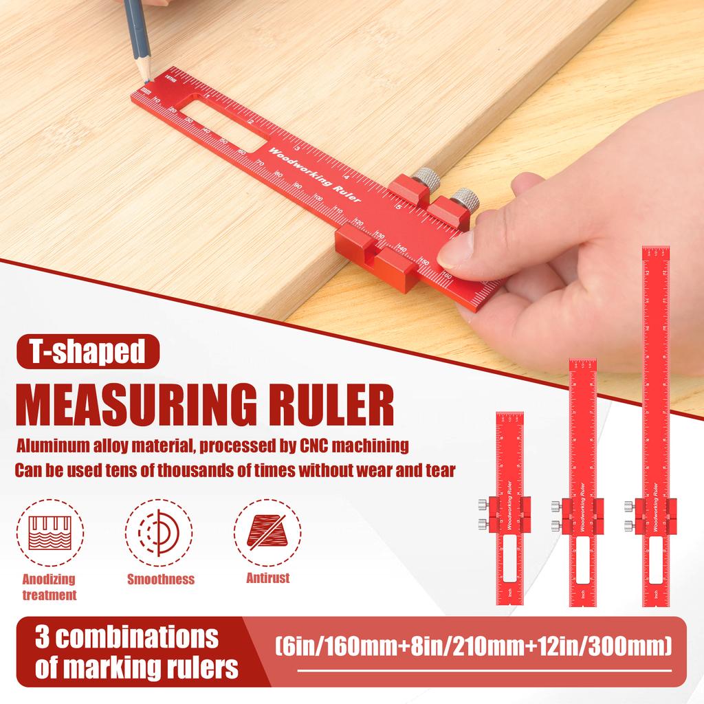 3Pcs Woodworking Ruler Precision 6 8 12 Inch Wood Marking Ruler T Track Woodworking Scribing Ruler Woodworking Measuring Ruler