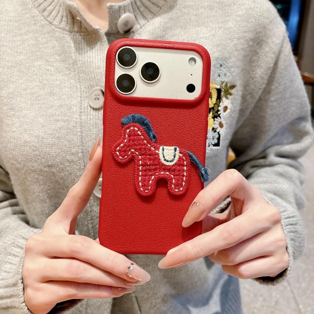 Red Embroidered Horse Leather Phone Case for Apple 17 Pro/iPhone 16, Large Hole, New Year Edition