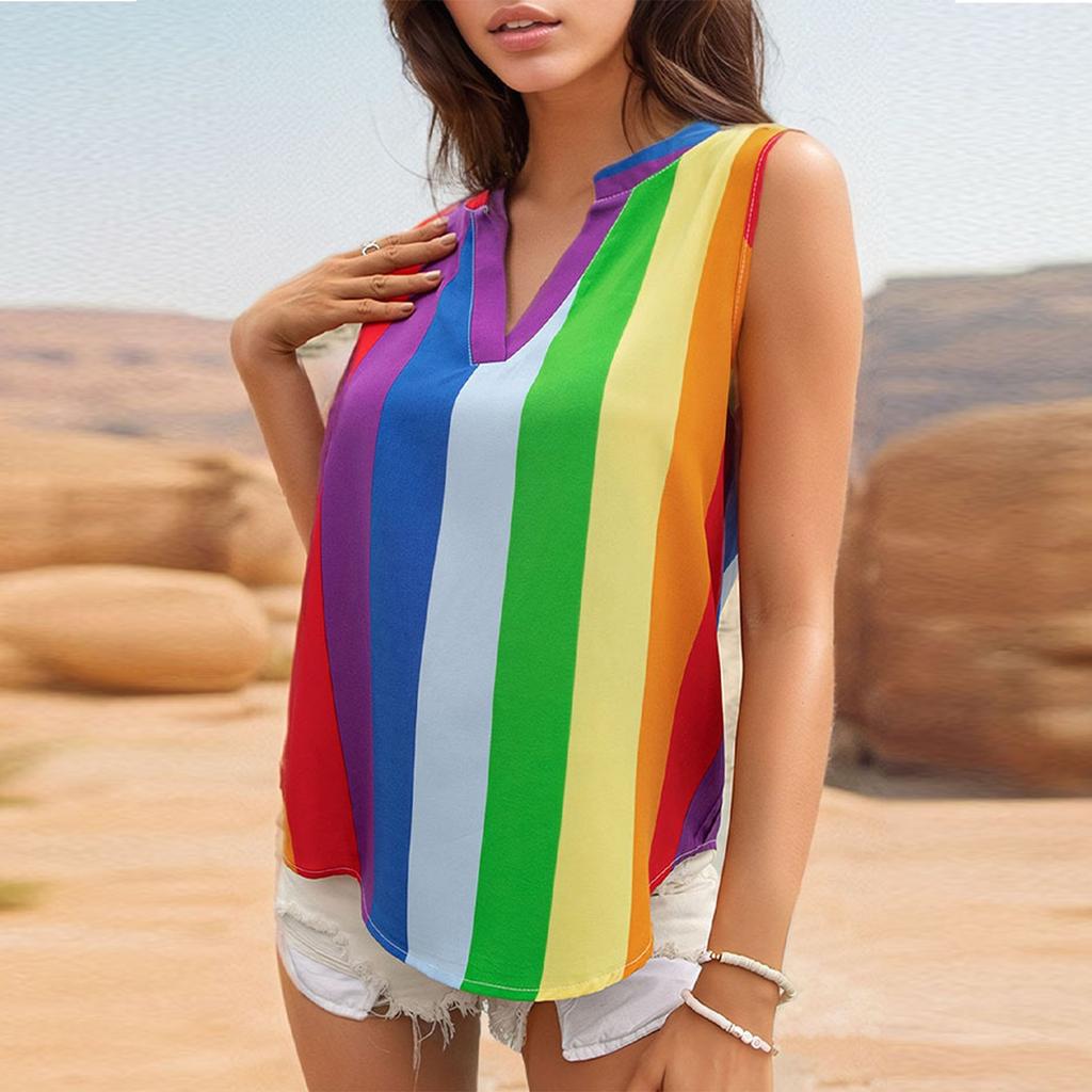 Dámský základní letní barevný pruhovaný top s výstřihem do V