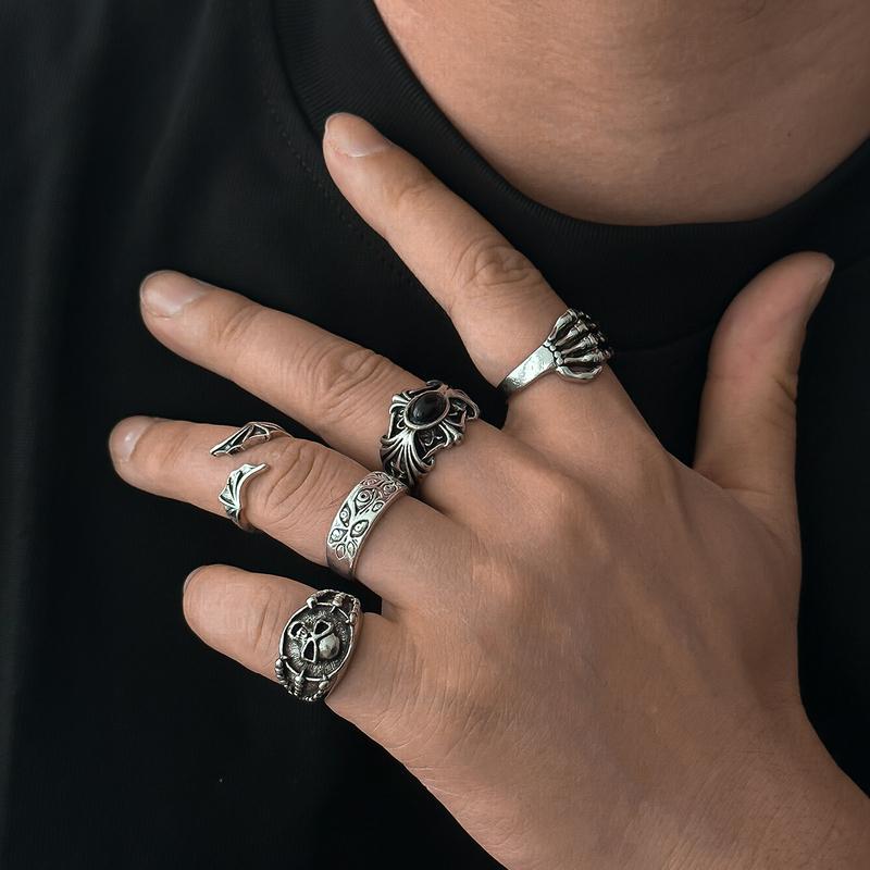 KunJoe Gothic Skull Claw Cross Ring Set for Men Vintage Silver Color Adjustable Open Rings Male Female Skeleton Spider Punk Jewelry Finger