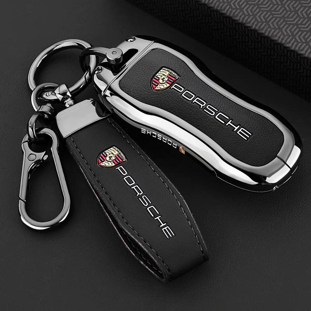 Zinc Alloy Leather Car Key Case Full Cover Protector For Porsche Cayenne Panamera Macan Cayman 718 911 Taycan Accessory Sticker EFD1