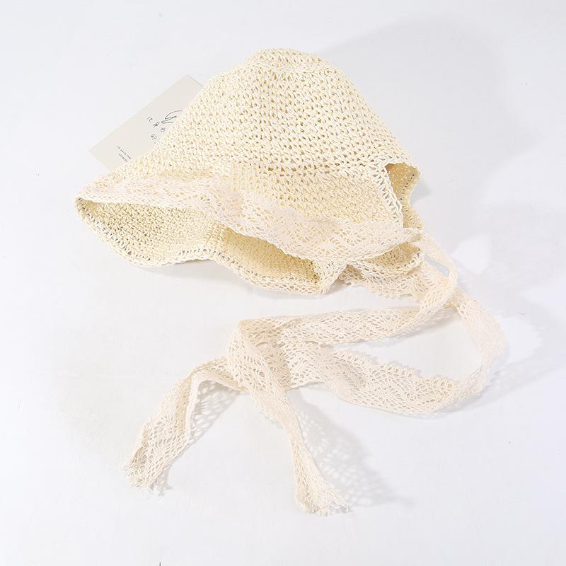 Francouzská krajka Sluneční klobouk ze slámy Dámský letní Klobouk kbelík s velkou krempou a stuhami K moři Skládací sluneční klobouk