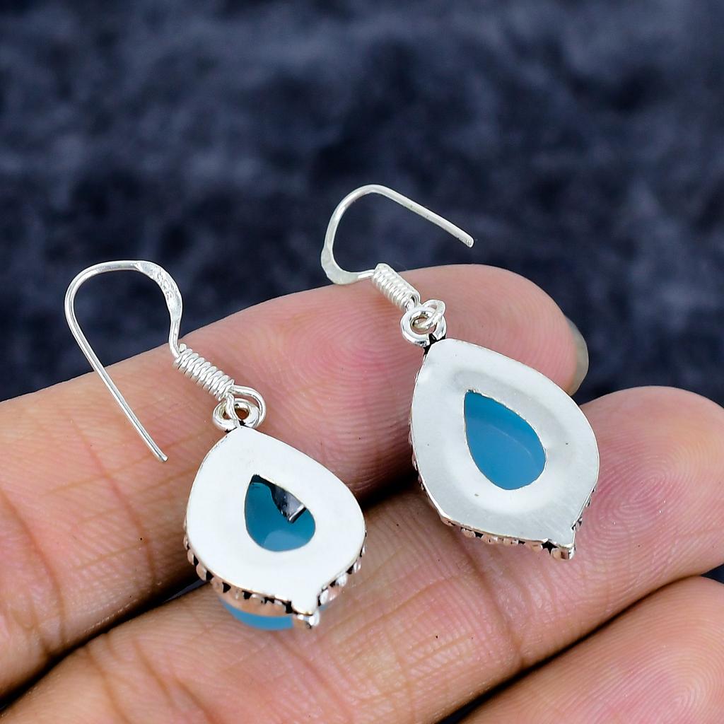 Blue Chalcedony Gemstone Handmade 925 Sterling Silver Jewelry Earring 1.58" M-3362