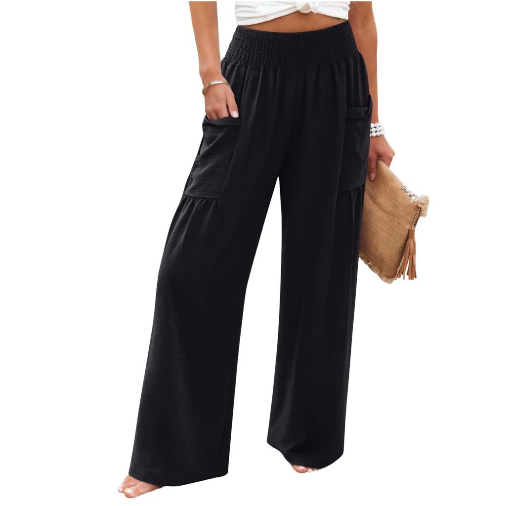 Damskie elastyczne spodnie z wysokim stanem, o swobodnym kroju, z szerokimi nogawkami, długie spodnie, spodnie z kieszeniami