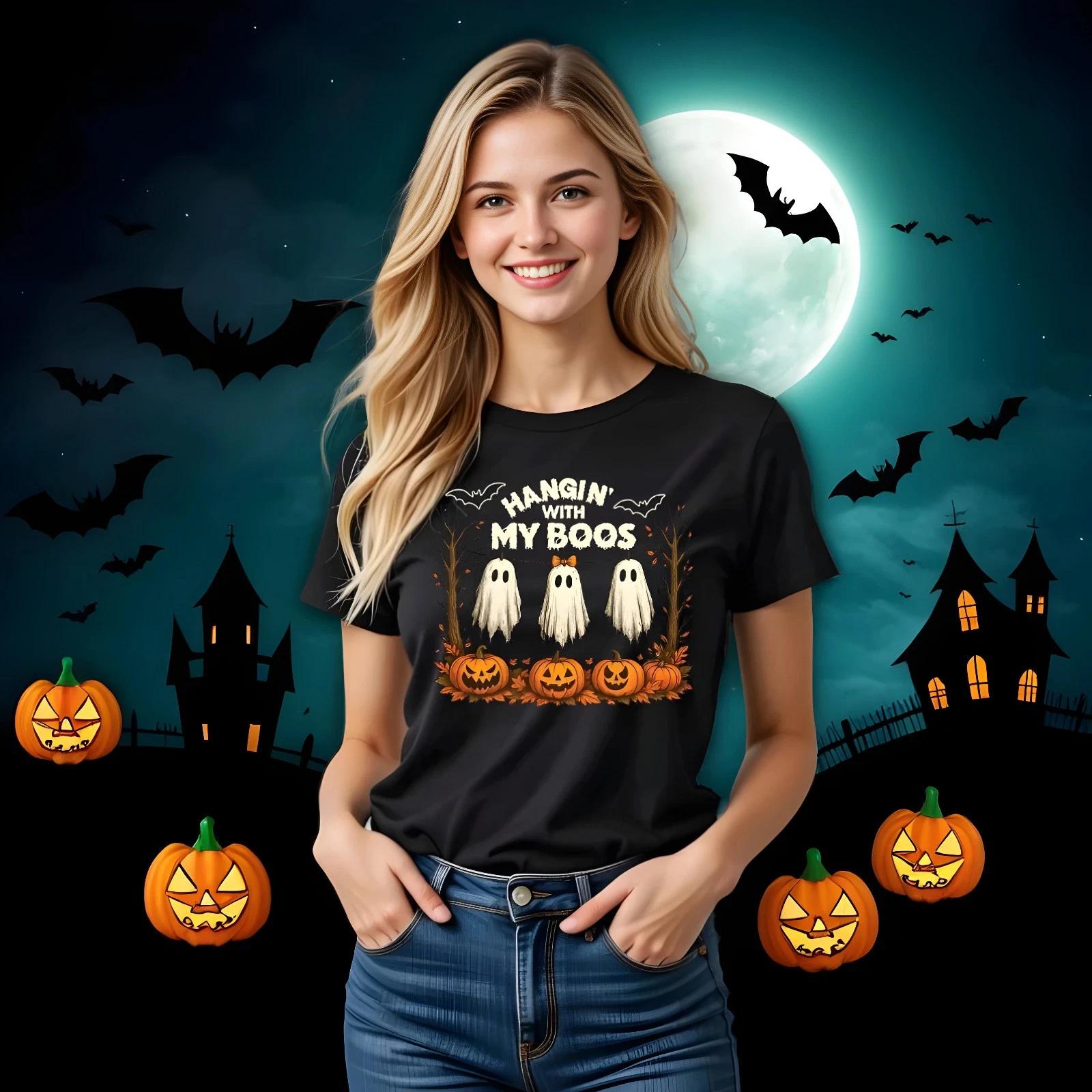 Halloween T-Shirt Unisex Funny Scary Pumpkin Skeleton Costume Tee Hanging w Boos M