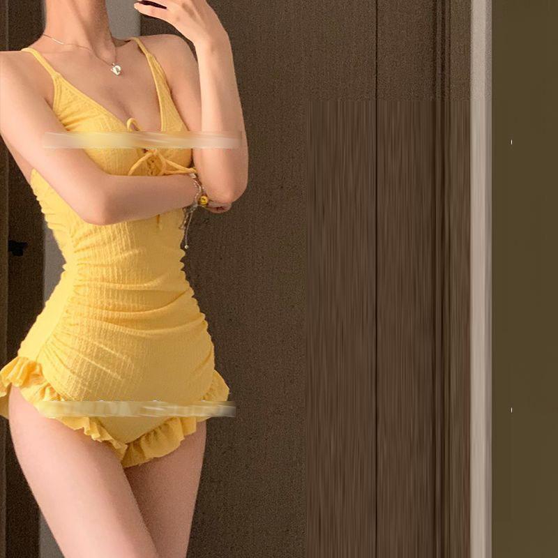 Fashion Year One-piece Solid Color Swimsuit Small Breasts Gathering Long Sleeve Blouse Cover Meat Hot Spring Vacation
