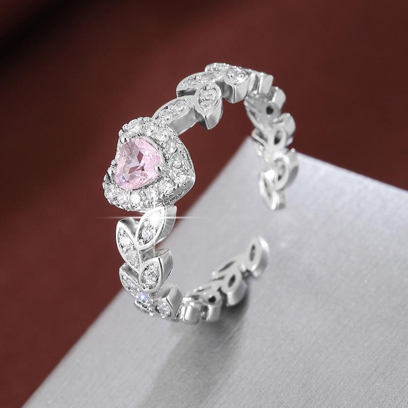 Elegant Princess-Style French Willow Leaf Heart Ring with Zirconia, Pure Copper, Open Index Finger Design.