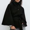 Fashion Solid Women's Lace Up Cape Coats Loose Stand Collar Batwing Sleeve Button Leisure Jackets 2025 Autumn Streetwear