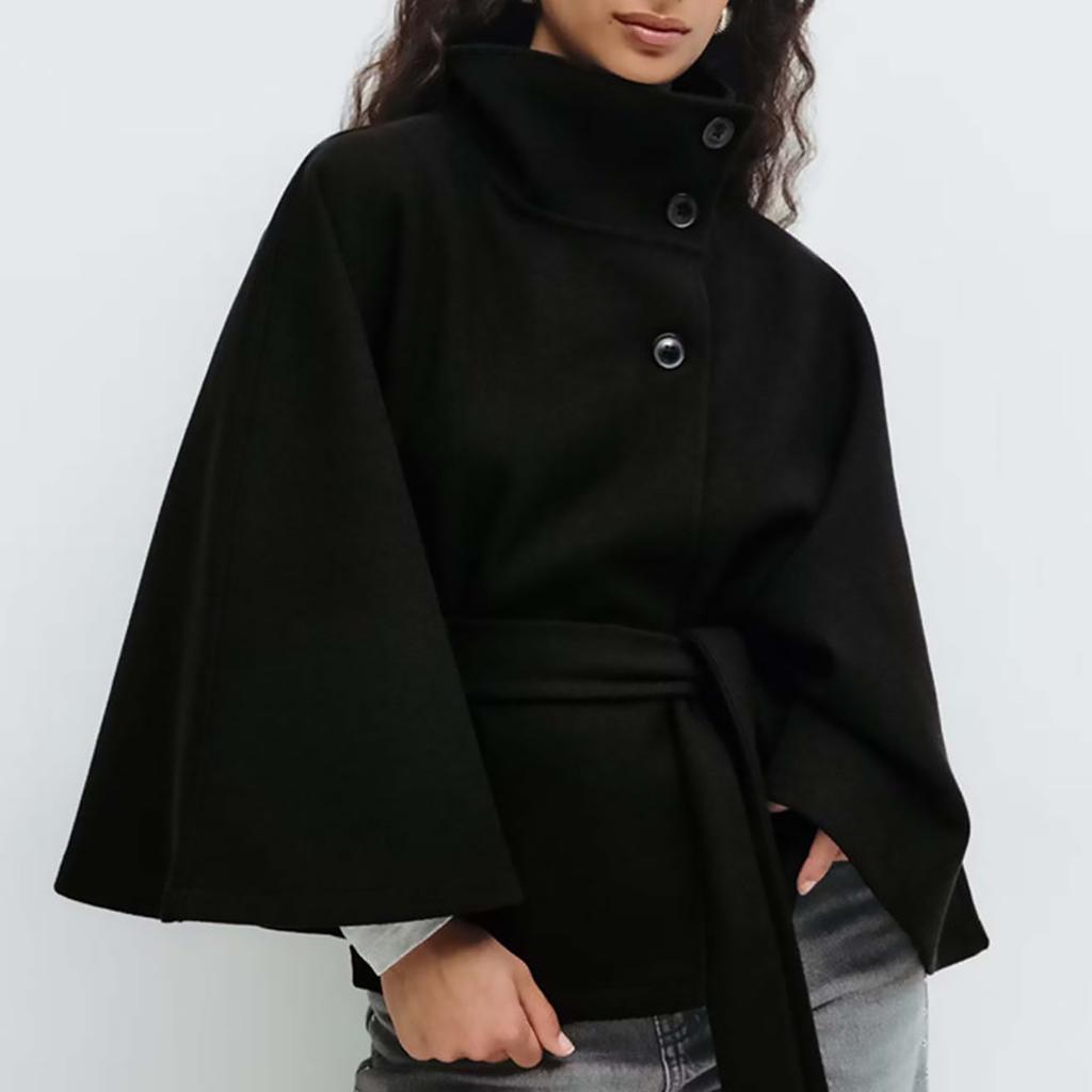 Fashion Solid Women's Lace Up Cape Coats Loose Stand Collar Batwing Sleeve Button Leisure Jackets 2025 Autumn Streetwear