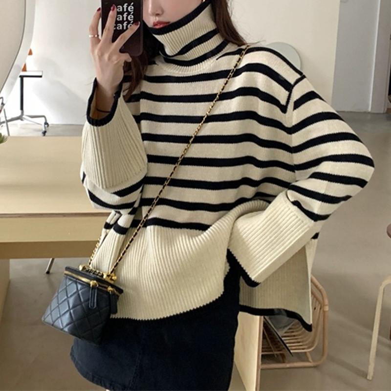 Korean Turtleneck Long-sleeve Knitted Pullover Women's Autumn Winter Loose Color Blocked Stripes Sweater Jacket Y2k Top Female