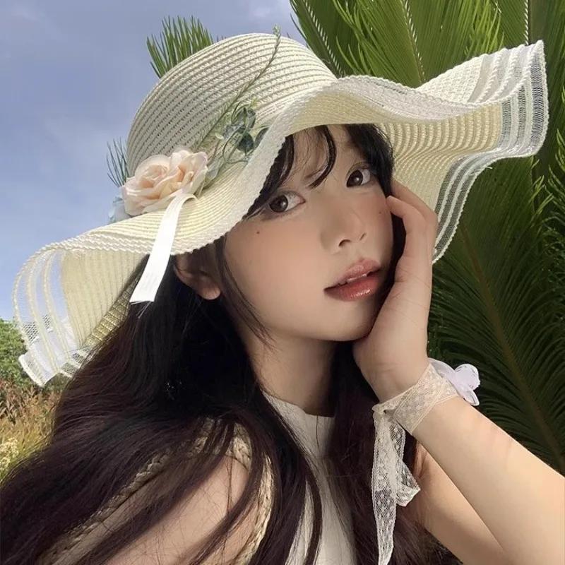 Wave Edge Flower Woven Straw Hat Women's Summer French Seaside Vacation Sun Hat Large Brim Shading Sun Protection Hat