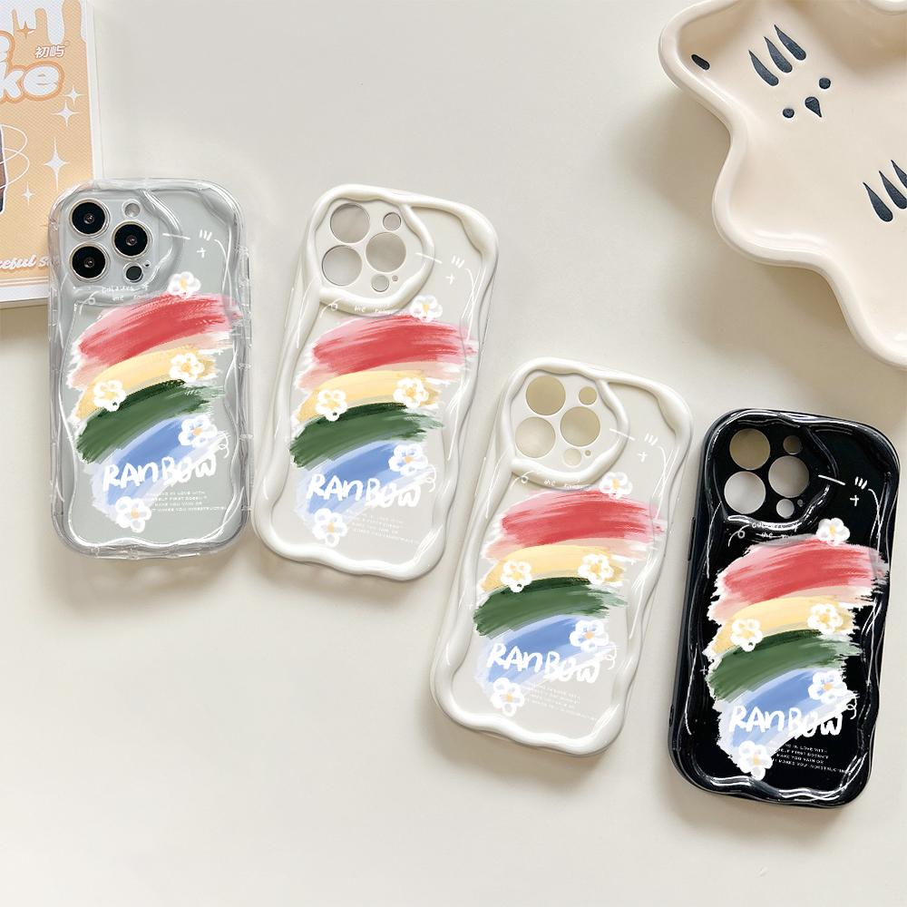 For iPhone 16 15 14 Samsung S25 S24 S23 A06 A13 A14 A15 A16 A55 Redmi 14C 13C Note 14 13 12 Rainbow Flowers Full Lens Protect Wave Edge Case