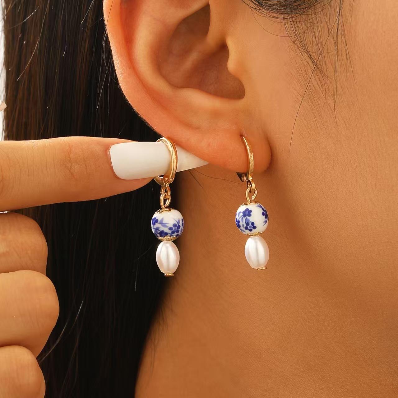 

инс нишевый китайский стиль сине-белые фарфоровые бусины серьги с жемчугом-каплей воды высокое чувство легкая роскошь элегантный набор ожерелья из бусин