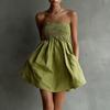 Women Strapless Tube Top Casual Dress Smocked Bodice Flowy Mini Dress Lightweight Solid Simple Sundress for Summer