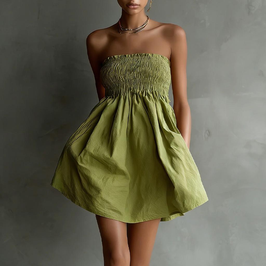 Women Strapless Tube Top Casual Dress Smocked Bodice Flowy Mini Dress Lightweight Solid Simple Sundress for Summer