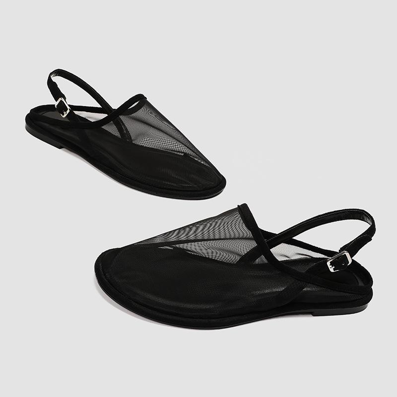 Round head breathable fashion mesh flat-soled single shoes metal buckle decorative mouth straps thin sandals women