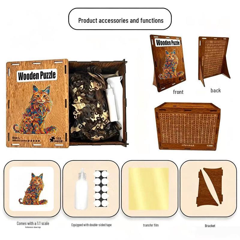 HOOLOOG Maine Coon Cat Wooden Puzzle - Educational Irregular Shape Interlocking Toy & Decompression Money Box.