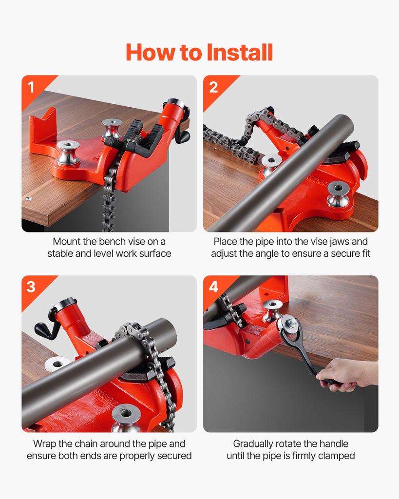 VEVOR Heavy-Duty Pipe Chain Vise, 1/2" - 8" Pipe Capacity, 34.6" Rugged Chain & Cast Iron Base