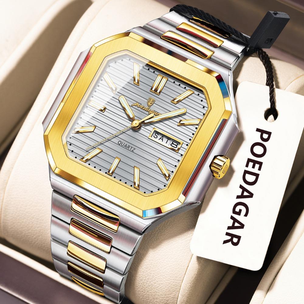 POEDAGAR Luxury Watch Waterproof Luminous Date Week Quartz Men's Watches Stainless Steel Fashion Square Men Watch