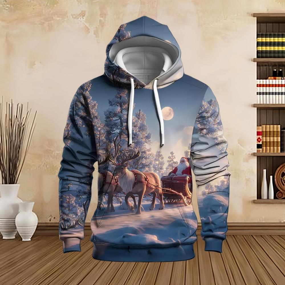 New in Sweatshirts Christmas Santa with Snowman Graphic Print Men's Cozy Drawstring Long Sleeve Pullover Sweatshirt Hoodie Tops