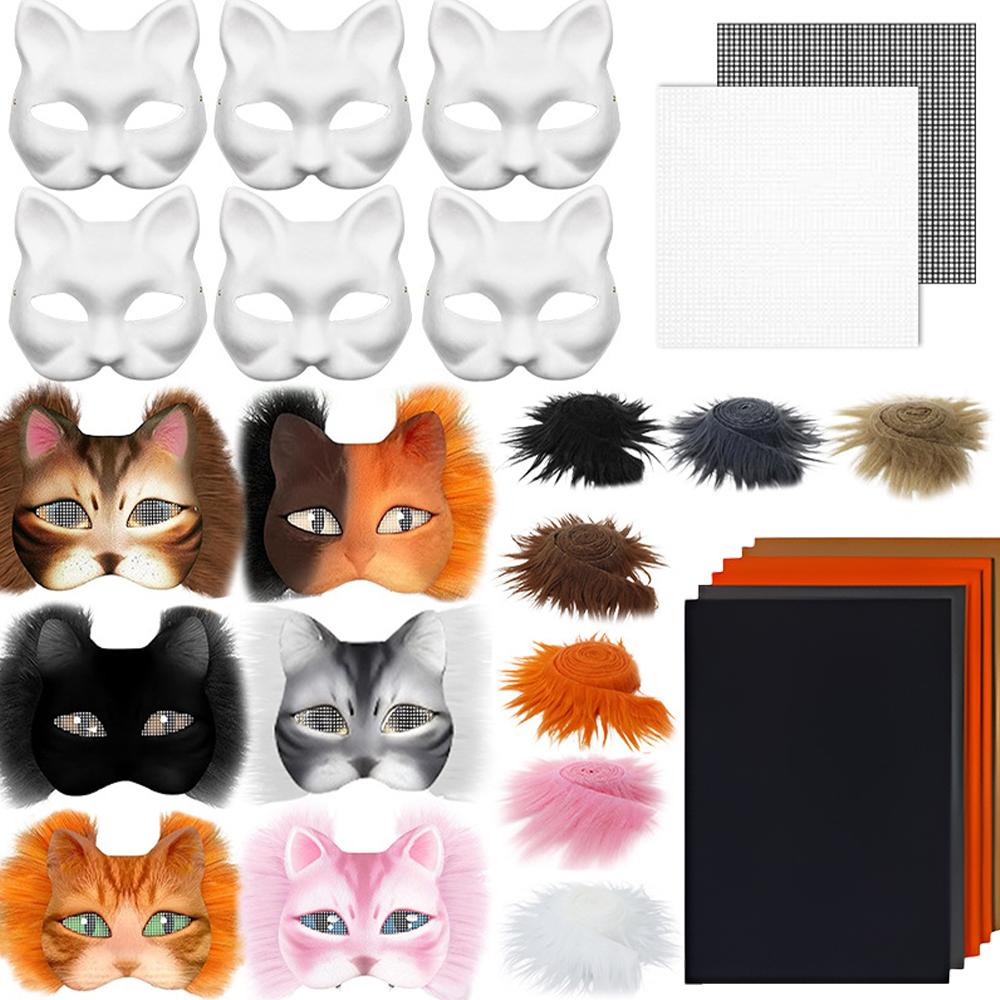 DIY Blank Masker Sett Halvt Ansikt Håndtegnet Dyr Katt Rev Maske DIY Håndlaget Graffiti Halvmaske Fest Halloween Julegave