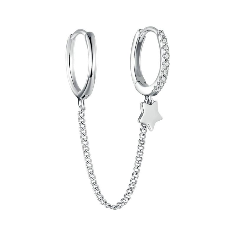 BAMOER 925 Silver 1 PC Double Circle Mono Hoop Earrings Long Chain CZ Earrings for Women Engagement Stackable Jewelry