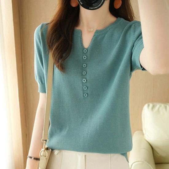 

Женский топ из хлопка и льна с V-образным вырезом, короткими рукавами и застежкой на пуговицы XL тил зеленый