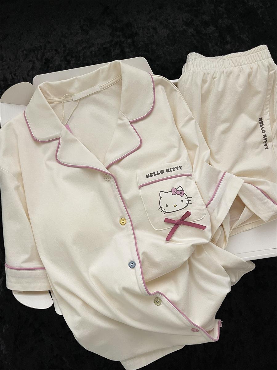 

Summer new cute pocket Hello Kitty pajamas women s summer short-sleeved shorts red edge suit can be worn outside loungewear S