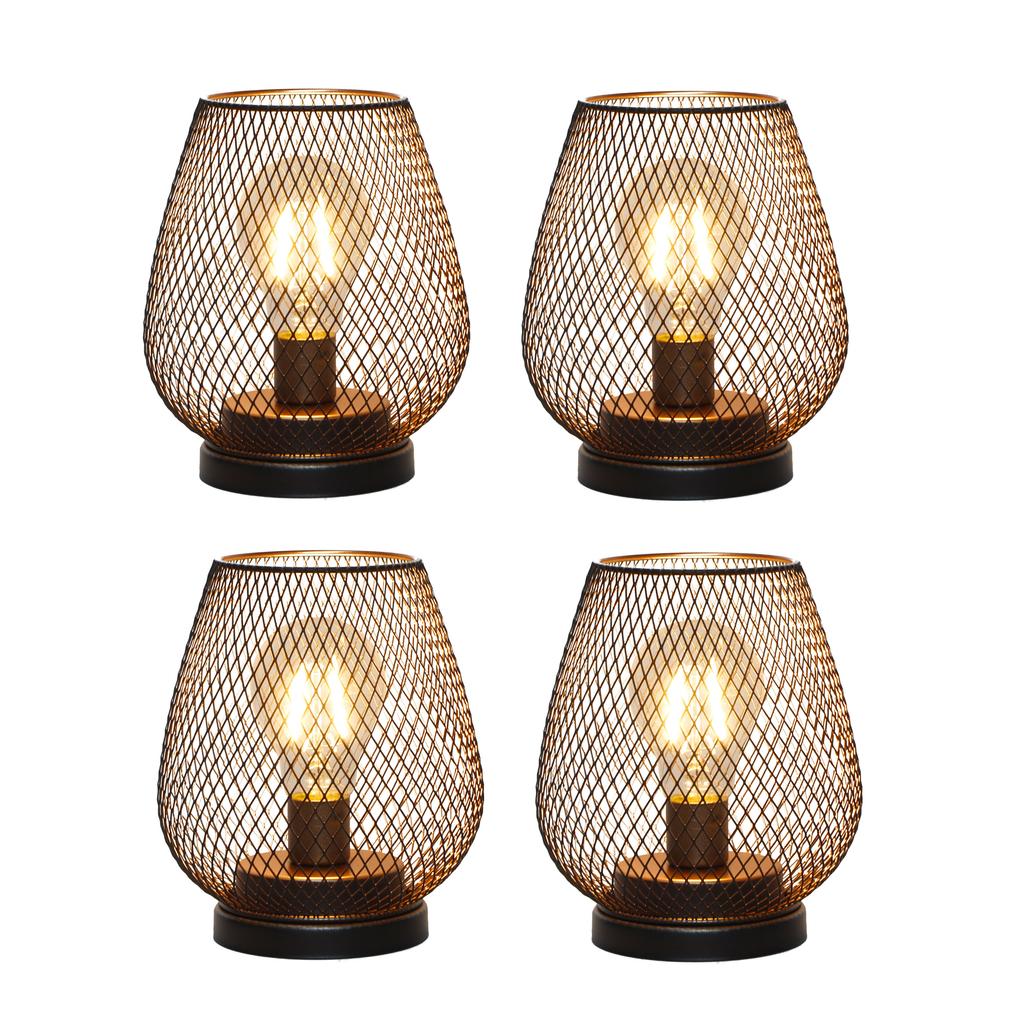 Set of 4 Battery Operated Lamp LED Table Lamp Metal Cage Cordless Lamps with LED Bulb for Indoors Shelf Decor