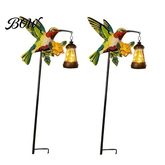 Solar Powered Outdoor Decor Kingfisher Garden Stake Light, Metal Bird Yard Art with Hanging Lantern, Auto-On Decorations LED Waterproof Patio