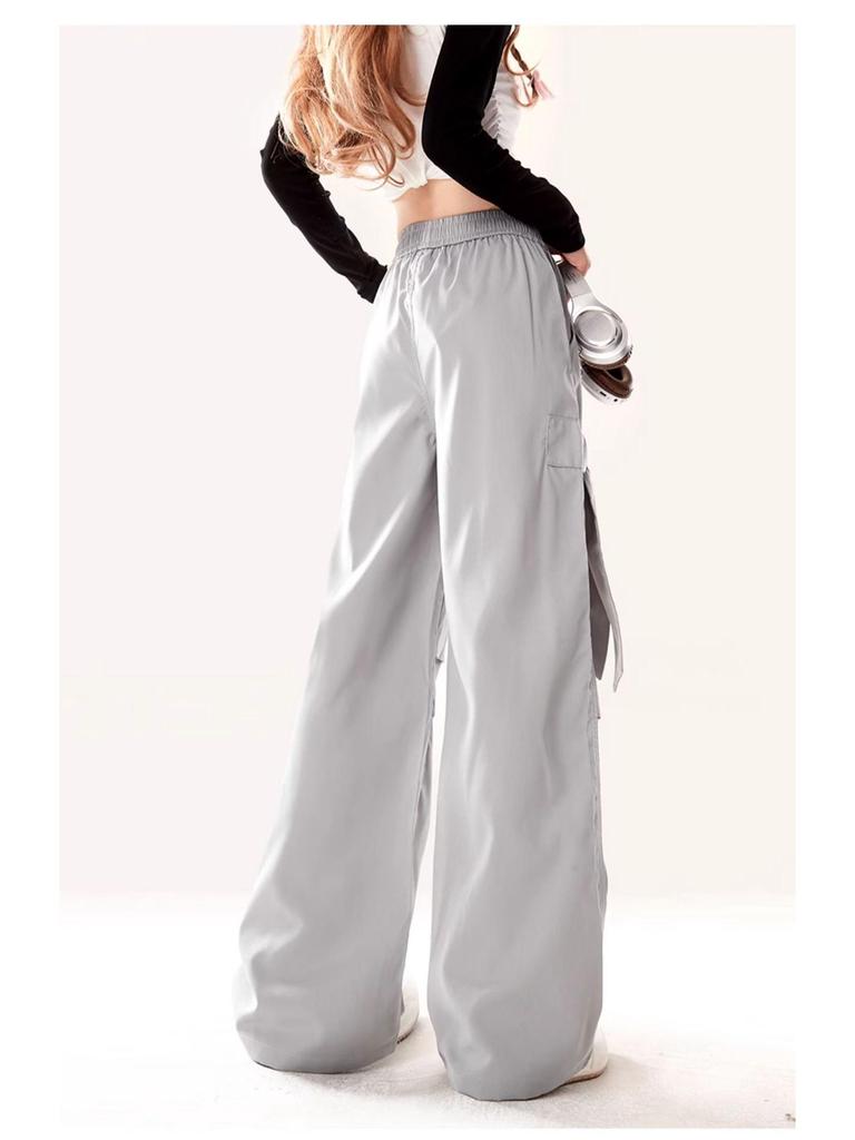 2024 Women's Gray Quick-Drying High-Waist Wide-Leg Cargo Pants