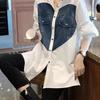 Women Loose Casual Denim Patchwork Blouse Spring Style Long Sleeve Shirt Buttons