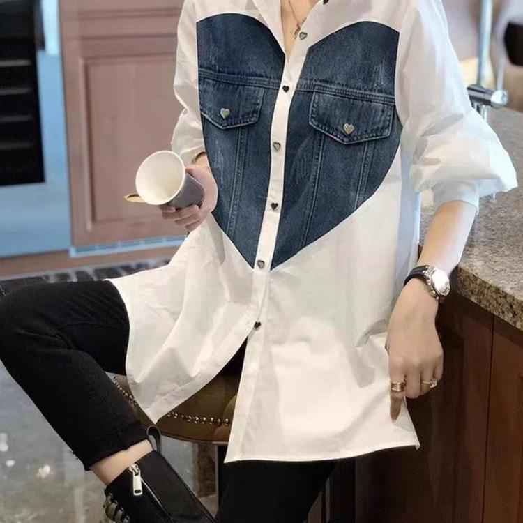 Women Loose Casual Denim Patchwork Blouse Spring Style Long Sleeve Shirt Buttons